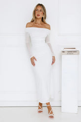 Curve Embrace Off Shoulder Mesh Maxi Dress White