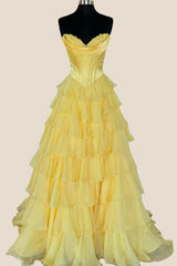 Strapless Orange Tiered Chiffon Long Dress with Slit