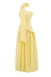 Yellow Crepe Bodice Gathered Long Dress