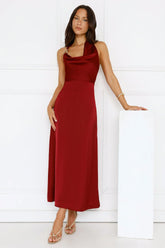 Night's Allure Satin Halter Maxi Dress Wine