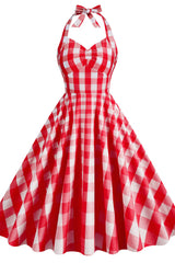 Halter Pink Plaid Gingham Swing Dress
