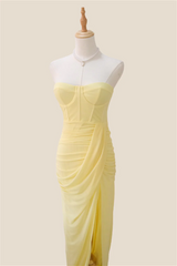 Strapless Light Yellow Ruched Long Dress with Slit