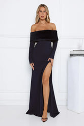 Glow In The Snow Faux Fur Off Shoulder Maxi Dress Navy