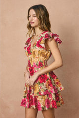 Lolita Ruffled Floral Mini Dress - Fuchsia
