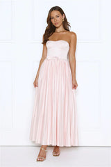 Glossed Over Strapless Satin Pleated Maxi Dress Pink