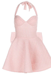 Halter Pink A-line Short Dress with Bow