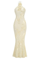 Yellow Halter 3D Flower Mermaid Dresss