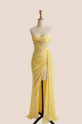 Yellow Corset Ruched Slit Long Prom Dress