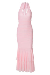 Halter Pink Ruched Tiered Long Dress