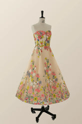 Strapless Champagne Floral A-line Tea Length Dress