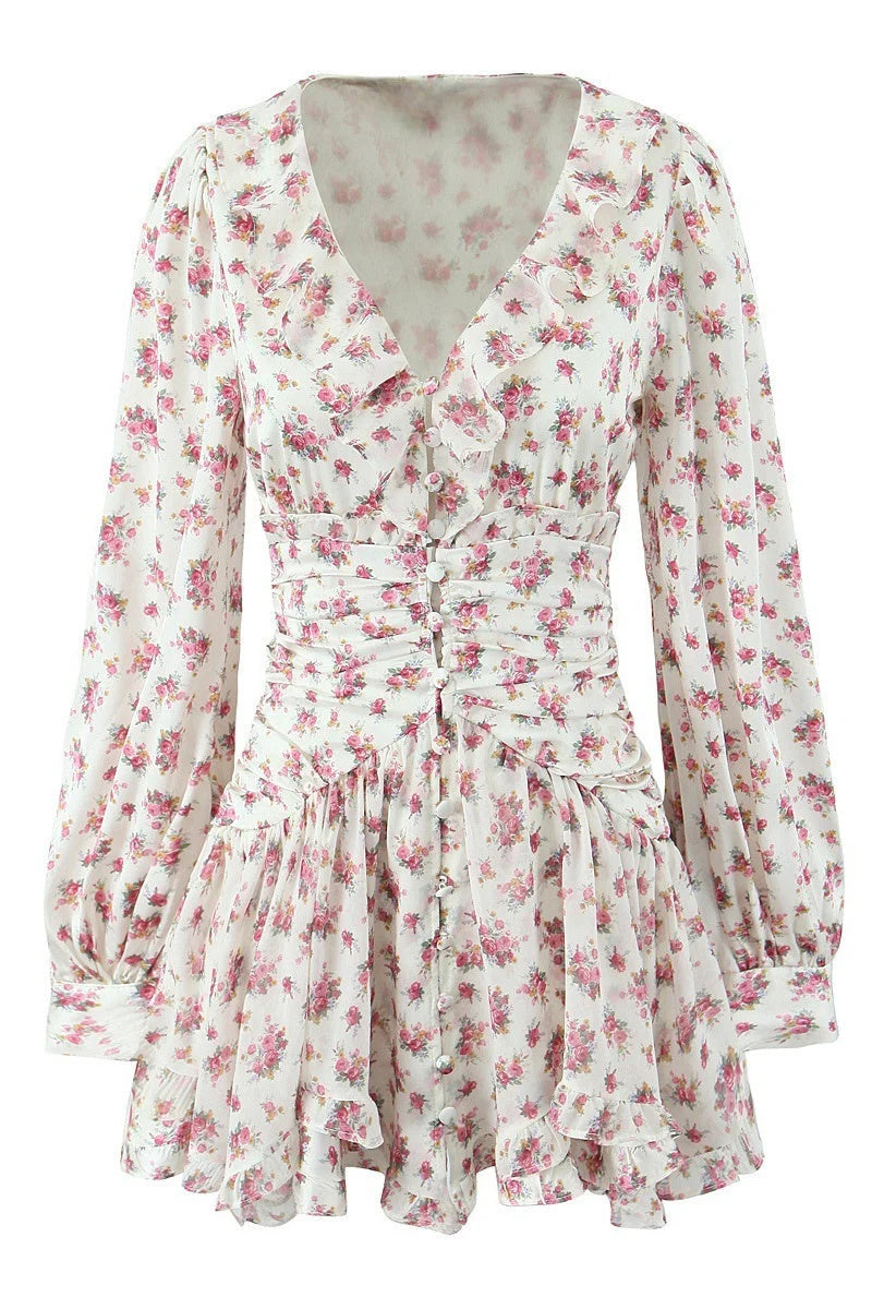 White Floral Ruched Short Party Dress