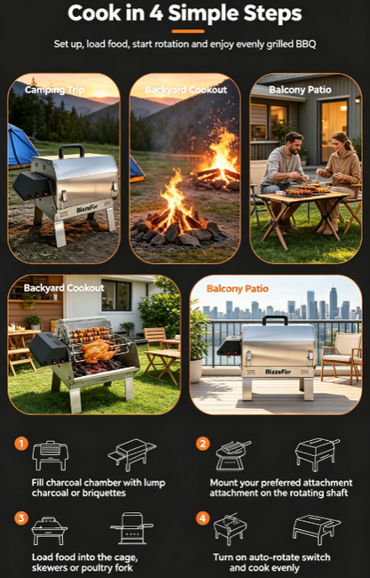 360° Auto-Rotate Portable Rotisserie Charcoal Grill