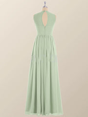 Jewel Neck Sage Green Chiffon Long Bridesmaid Dress