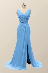 V Neck Blue Pleated Chiffon Long Bridesmaid Dress