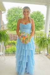 Strapless Hot Pink Rosette Tiered Long Dress