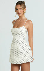 Carolina Mini Dress - Scoop Neck Panel Bodice Dress in White Polka Dot