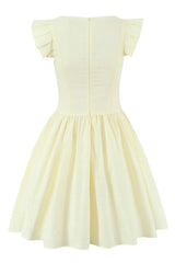 Yellow Cap Sleeve Flower Embroidery Ruched Dress