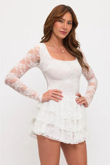 Mia Lace Long Sleeve Ruffled Mini Dress - White