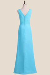 V Neck Blue Chiffon A-line Long Bridesmaid Dress