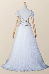 White Floral Corset Cap Sleeves Long Formal Gown