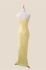 Strapless Light Yellow Ruched Long Dress with Slit