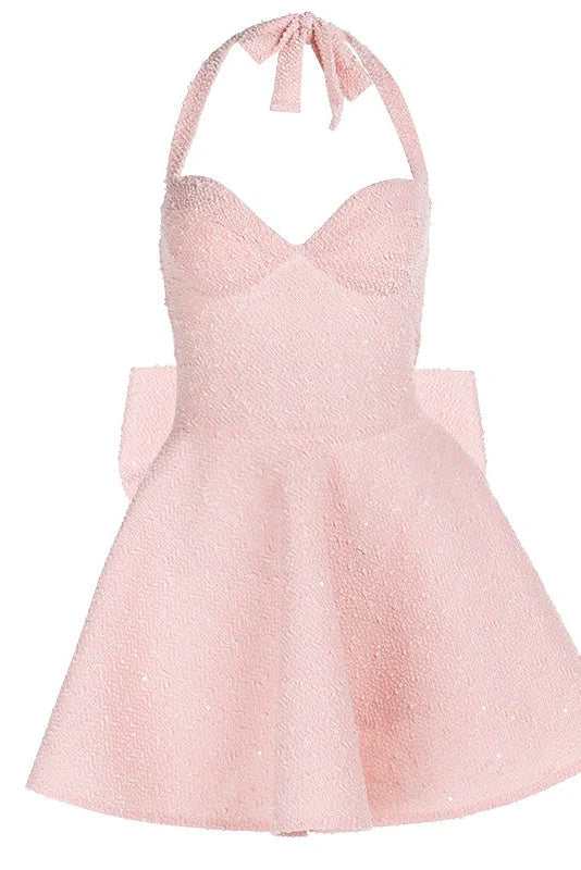 Halter Pink A-line Short Dress with Bow