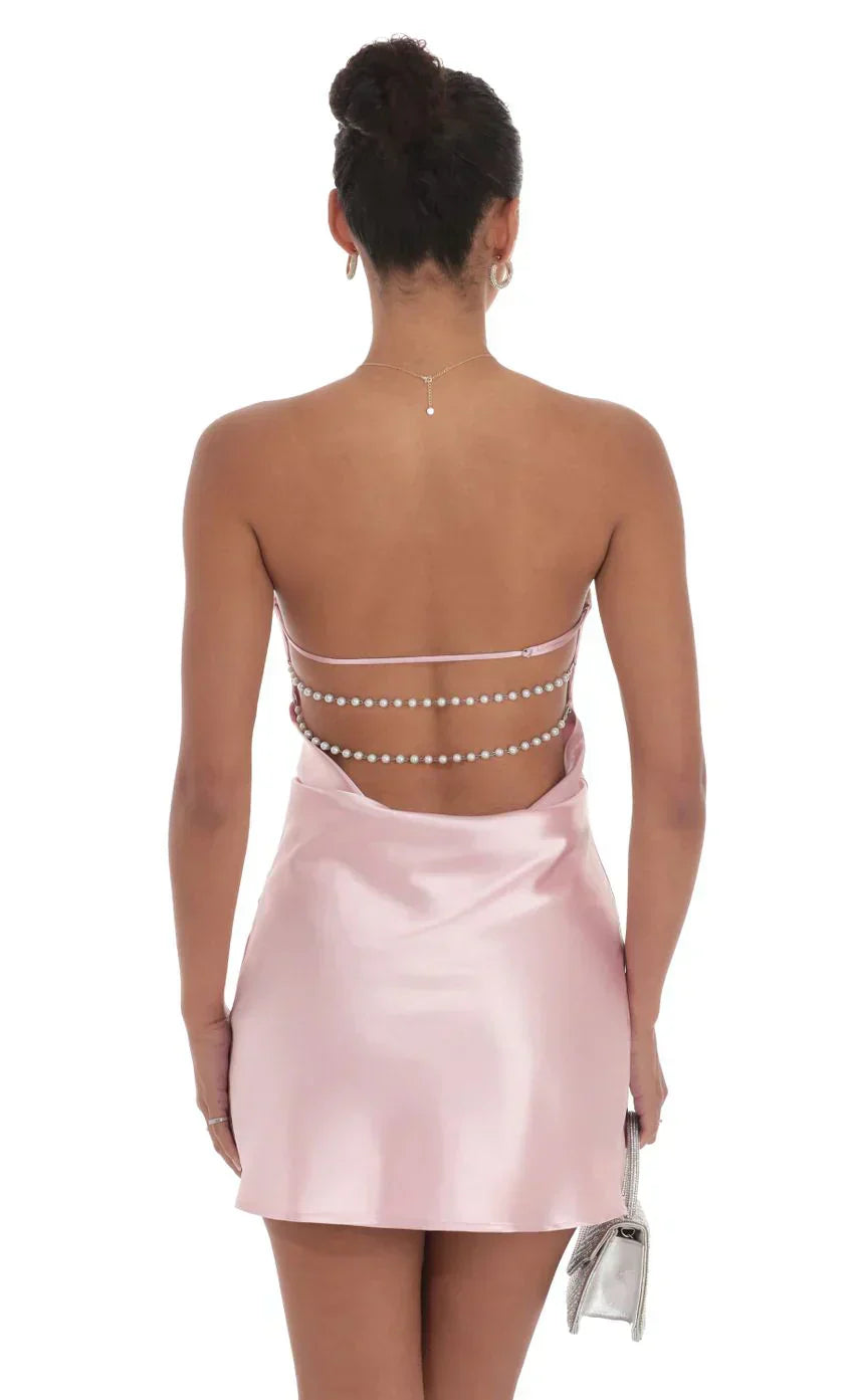 Satin Pearl Open Back Dress in Pink